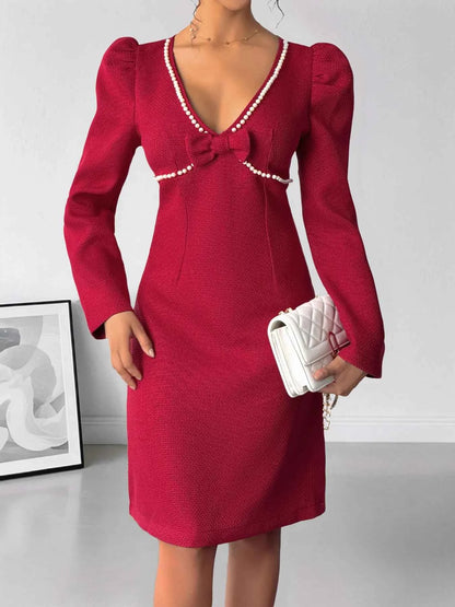 Pearl Trim V-Neck Long Sleeve Bodycon Dress