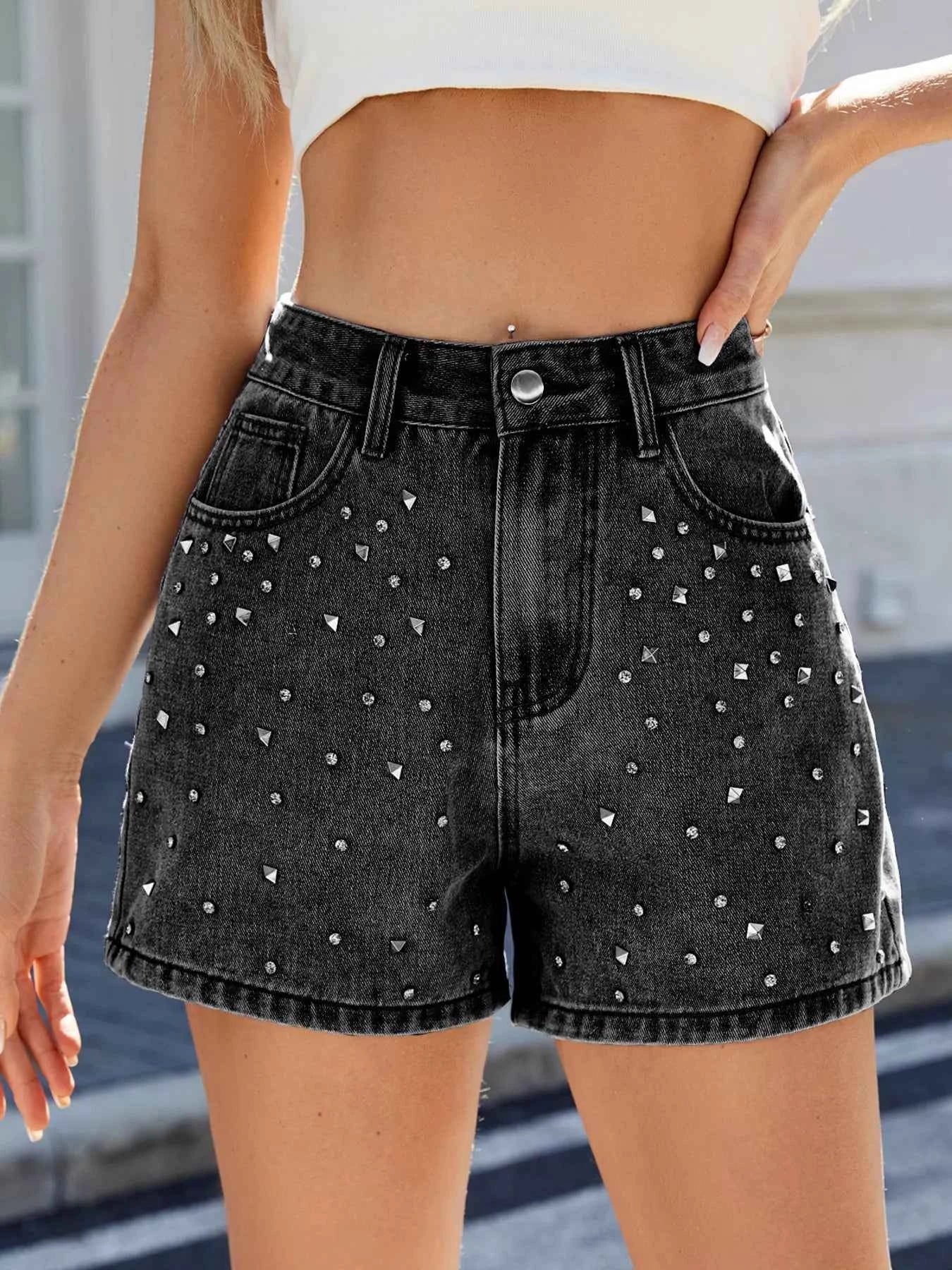 Studded High Waist Denim Shorts