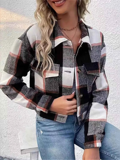 Plaid Button-Down Crop Jacket