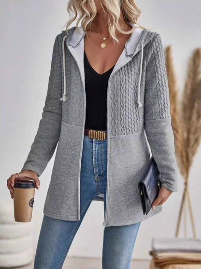 Drawstring Textured Zip Up Drawstring Hooded Jacket