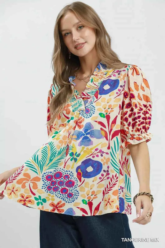 Umgee V-Neck Ruffle Trim Puff Sleeve Top