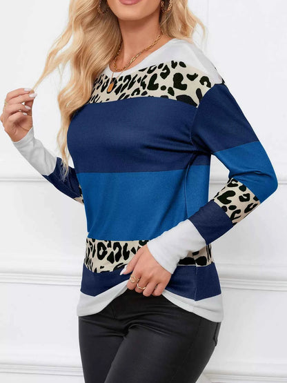 Leopard Color Block Striped Knit Top