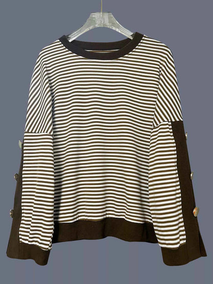 Striped Button Decor Dropped Shoulder Sweatshirt