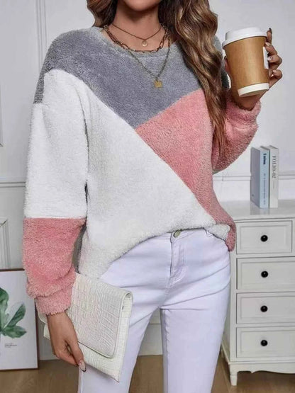 Color Block Fuzzy Knit Sweatshirt
