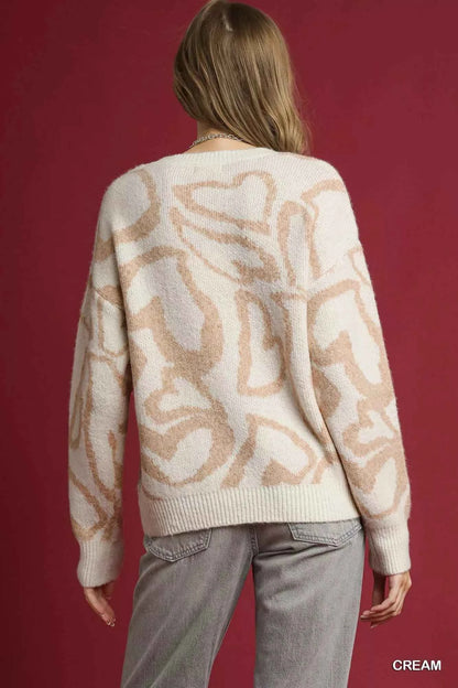 Umgee Heart Print Crew Neck Sweater