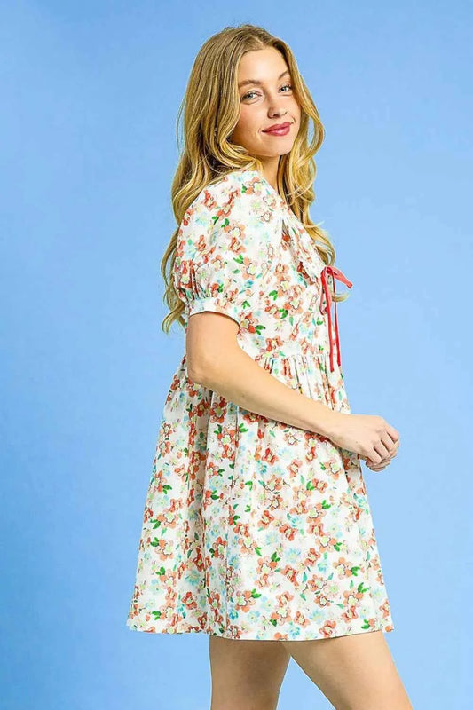 Umgee Floral Print Puff Sleeve Tie Front Mini Dress