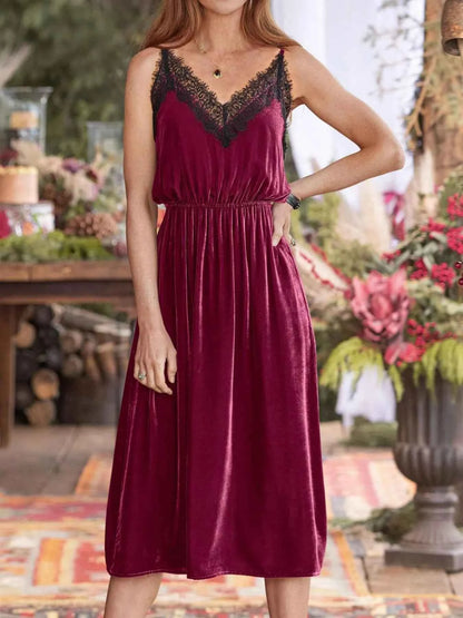 Velvet Cami Lounge Dress with Lace Trim