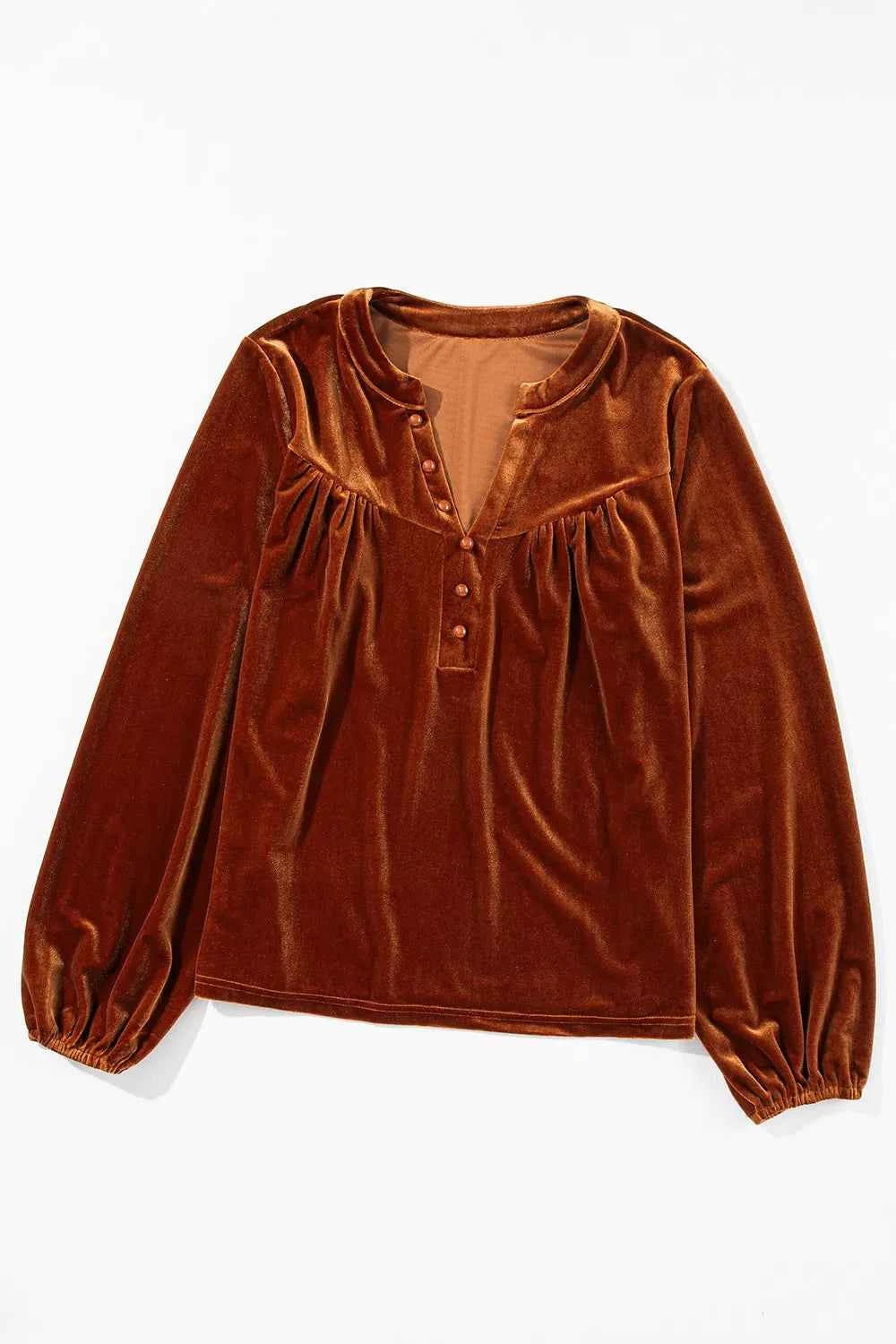 Velvet Button-Front Long Sleeve Blouse