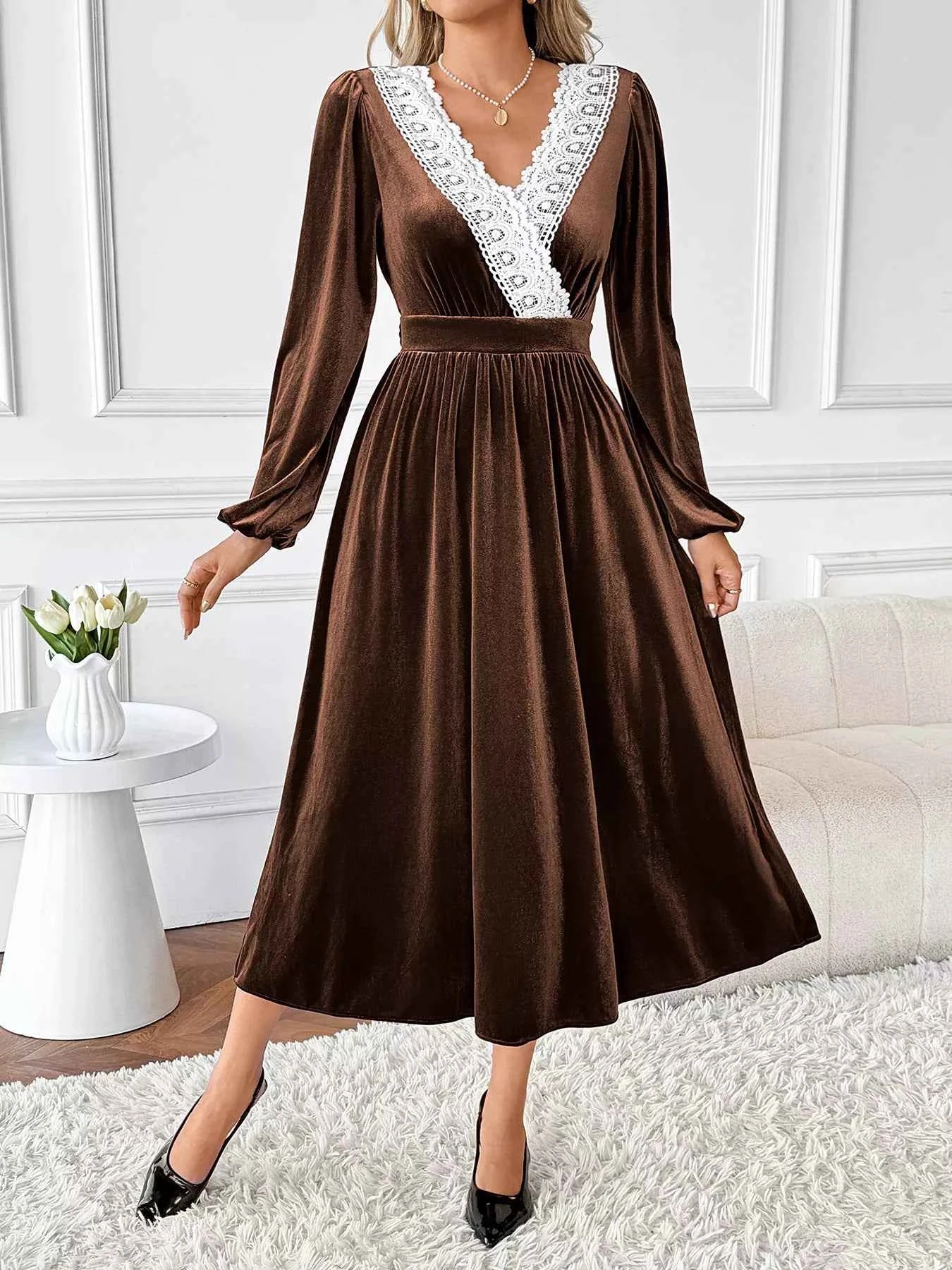 Velvet A-Line Dress with Lace Trim