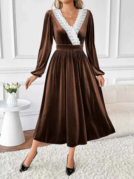 Velvet A-Line Dress with Lace Trim