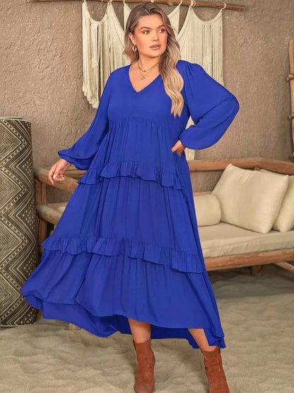 Plus Size Balloon Sleeve Ruffle Tiered Flowy Dress