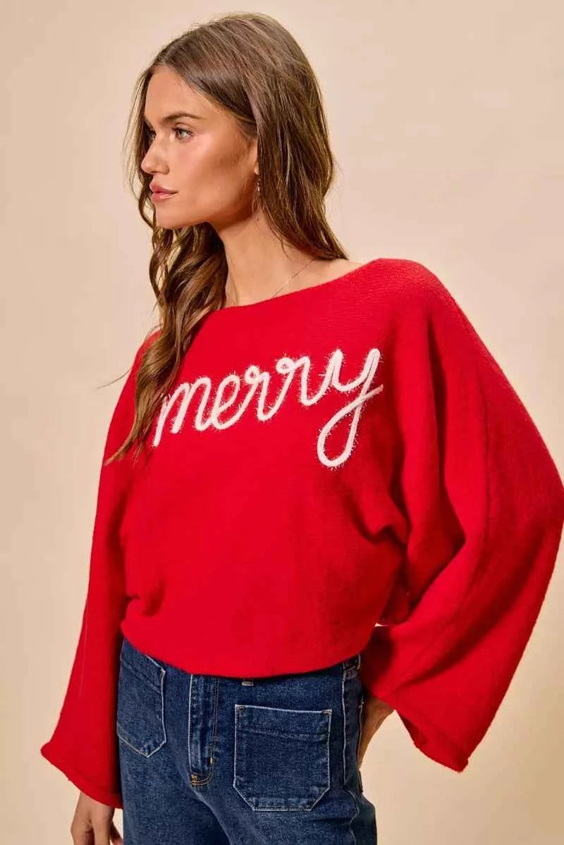 SO ME Merry Tinsel Lettering Christmas Sweater Top