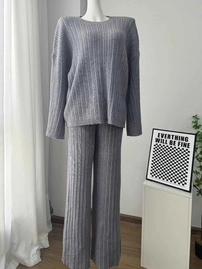 3-Piece Crew Neck Ribbed Sweater and Wide-Leg Pants Set with Scarf