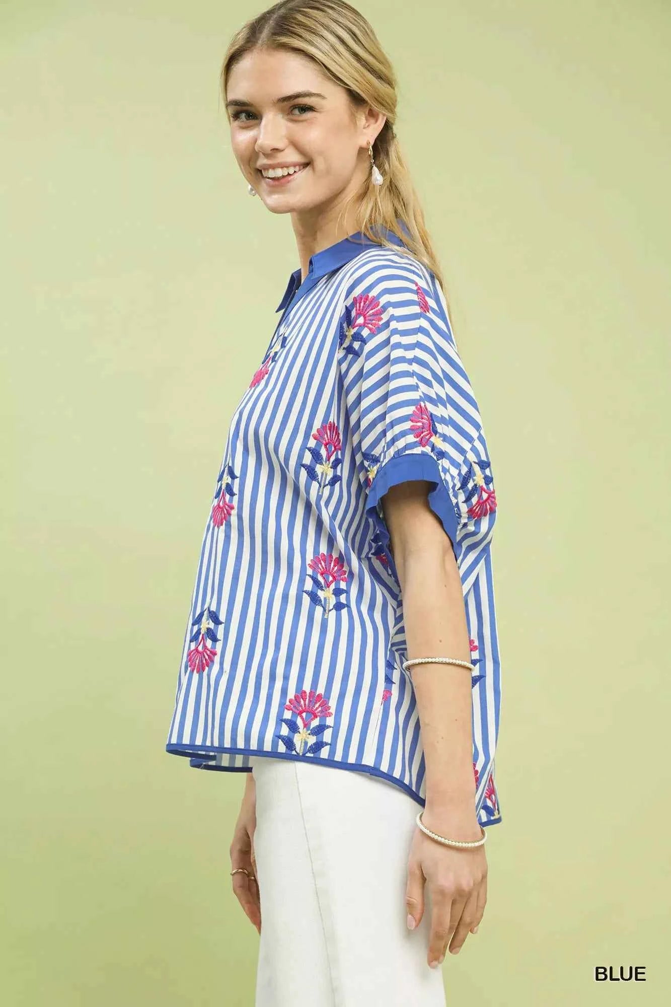Umgee Stripe Embroidered Button-Front Boho Blouse