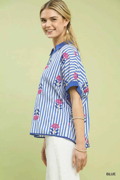 Umgee Stripe Embroidered Button-Front Boho Blouse