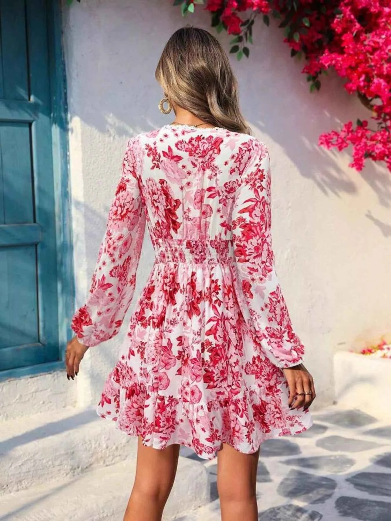 Full Size Floral Print V-Neck Long Sleeve Ruffle Hem Mini Dress Plus Size