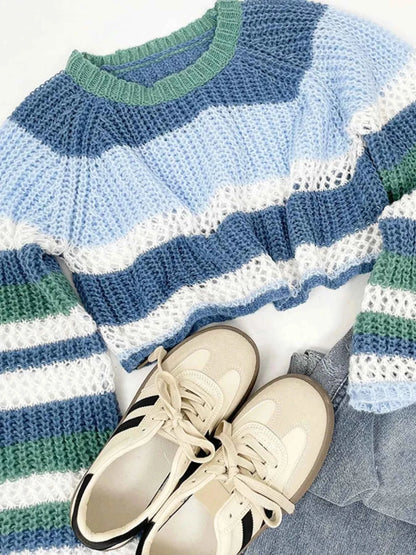 Openwork Striped Color Block Crop Sweater