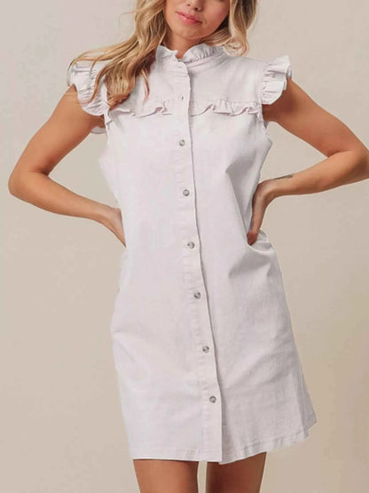 Ruffled Trim Button-Down Denim Dress