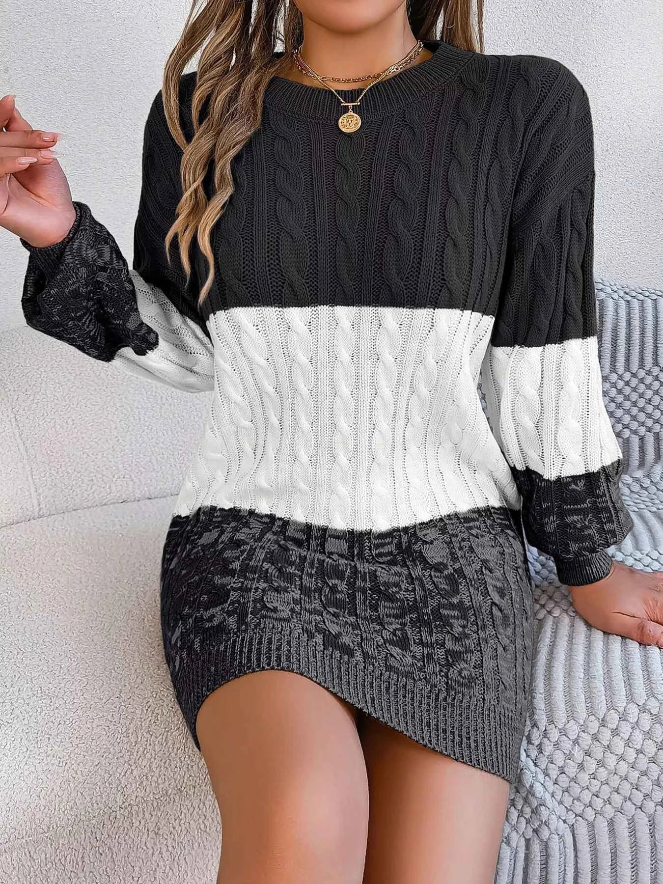Color Block Cable Knit Sweater Dress with Textured Pattern