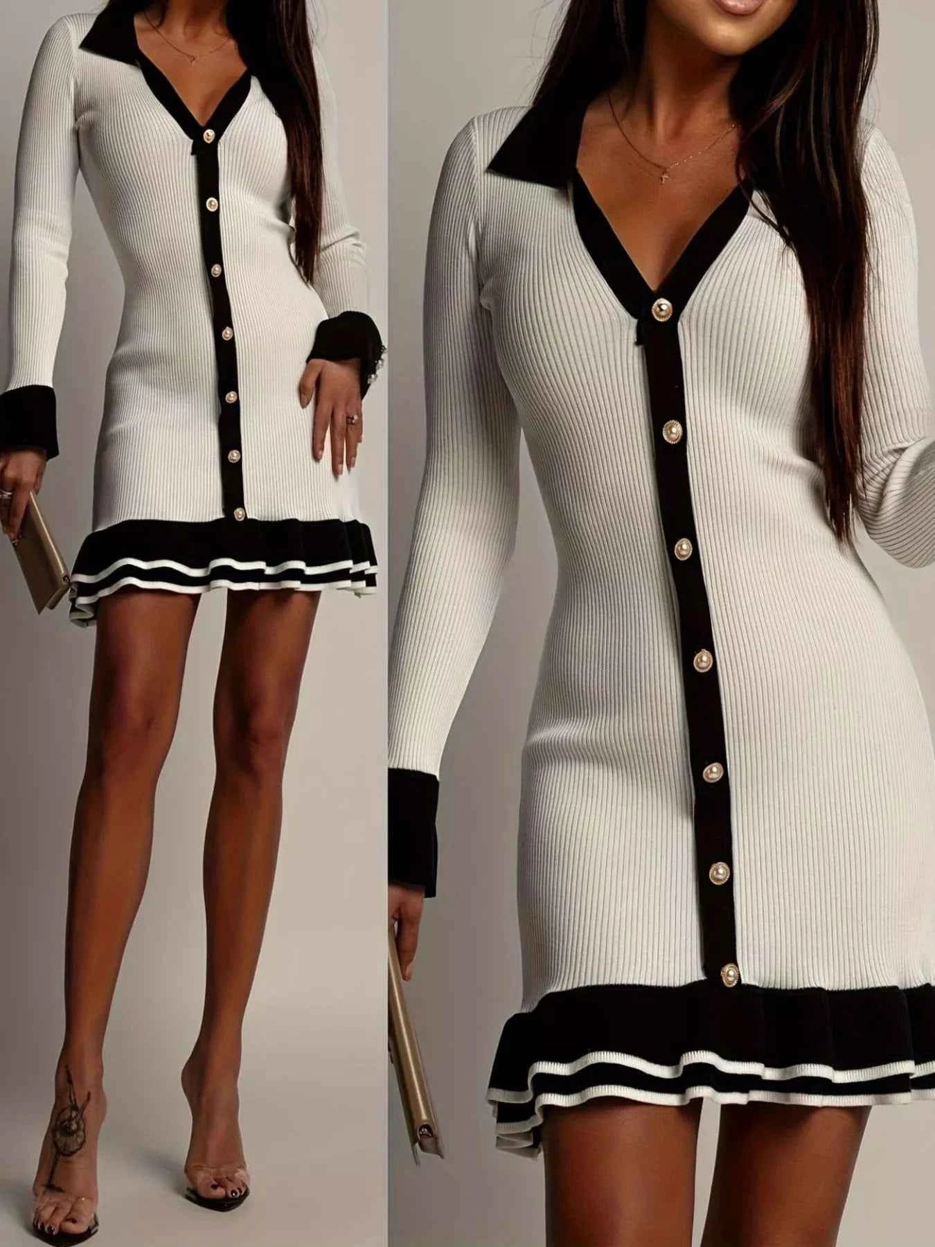 Ribbed Knit Contrast Trim Sweater Dress