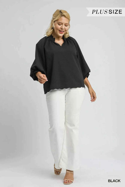 Umgee Full Size Textured Notched Balloon Sleeve Blouse Plus Size