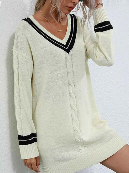 V-Neck Striped Trim Cable Knit Sweater Dress