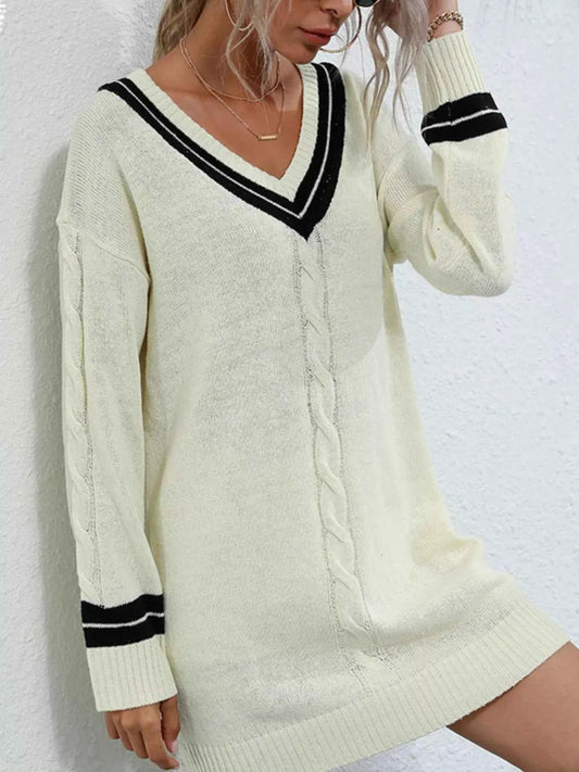 V-Neck Striped Trim Cable Knit Sweater Dress