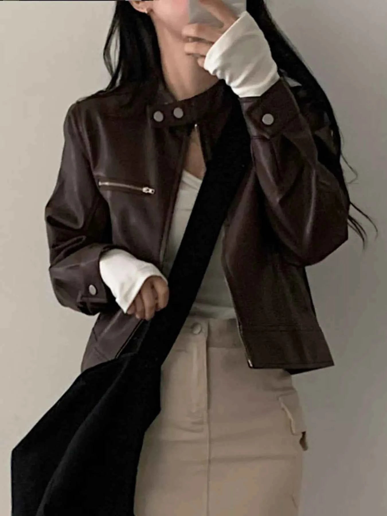 Cropped Zip Up Leather Jacket