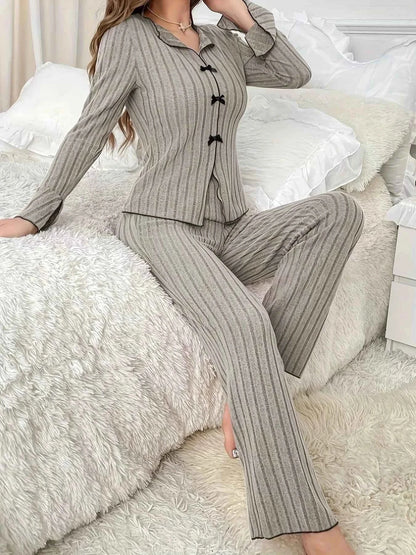 Ribbed Bow Front Top and Pants Lounge Set