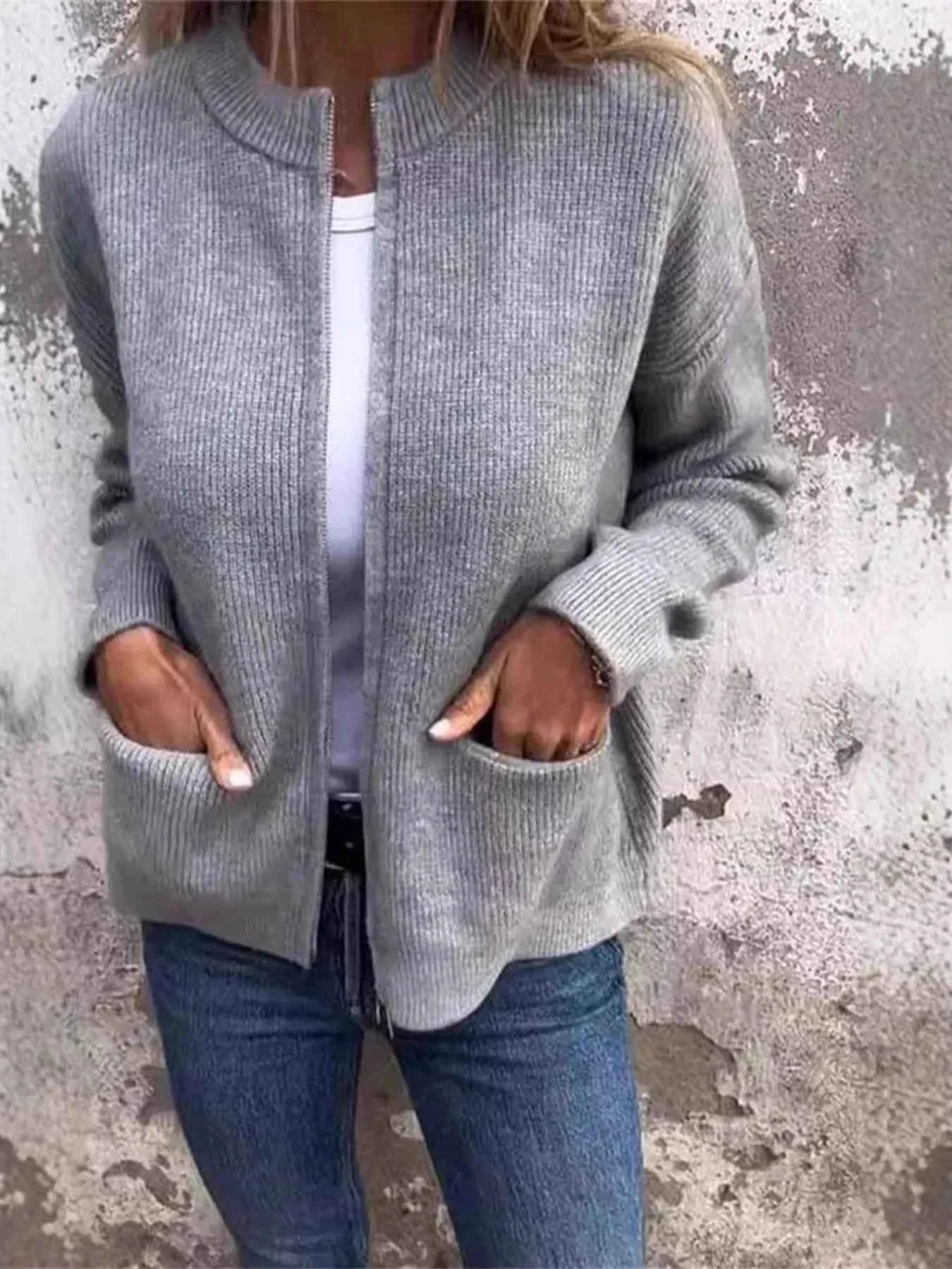 Full Size Zip Up Ribbed Knit Cardigan with Front Pockets Plus Size