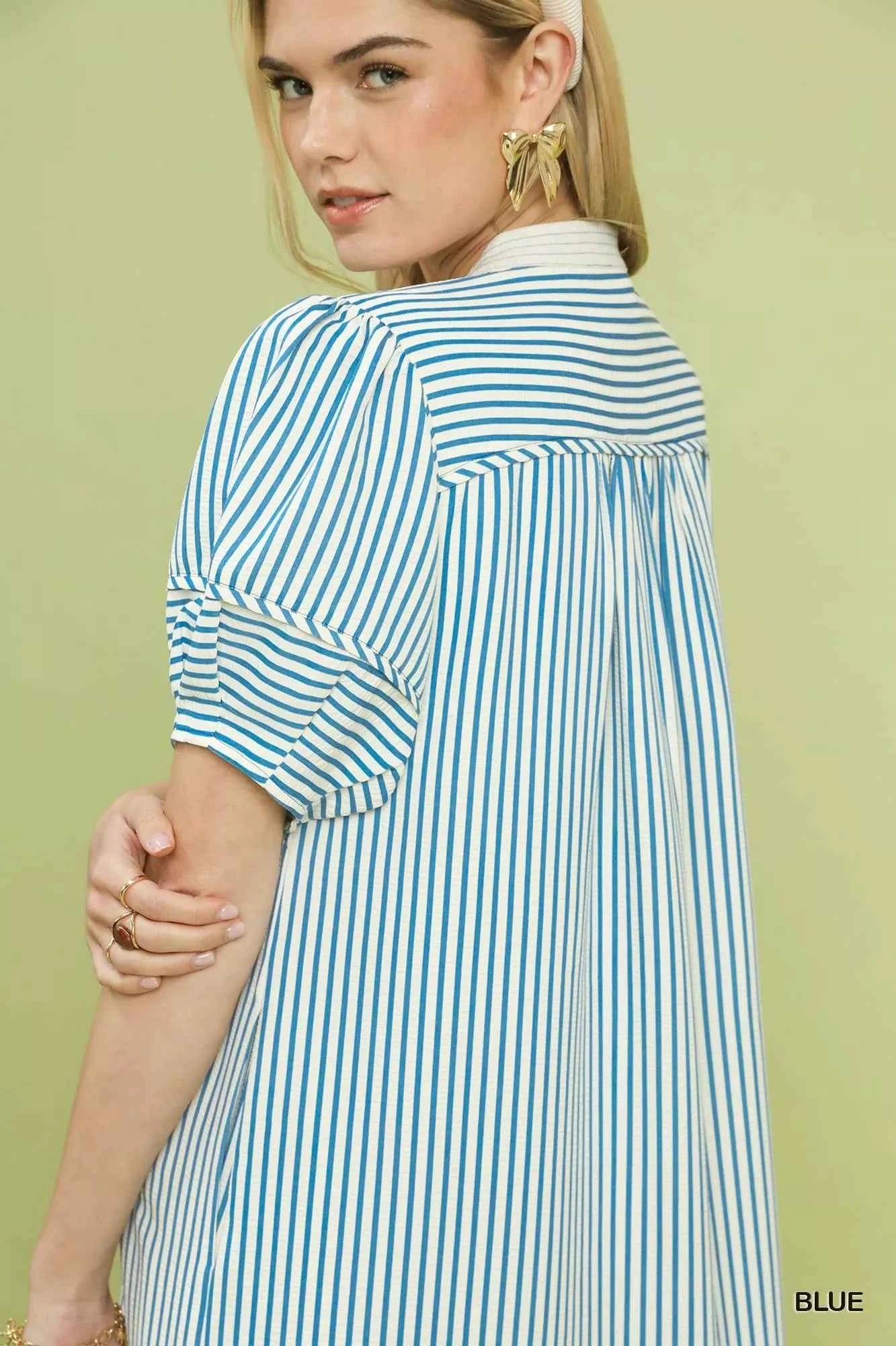 Umgee Pinstripe Shift Dress with Contrast Trim