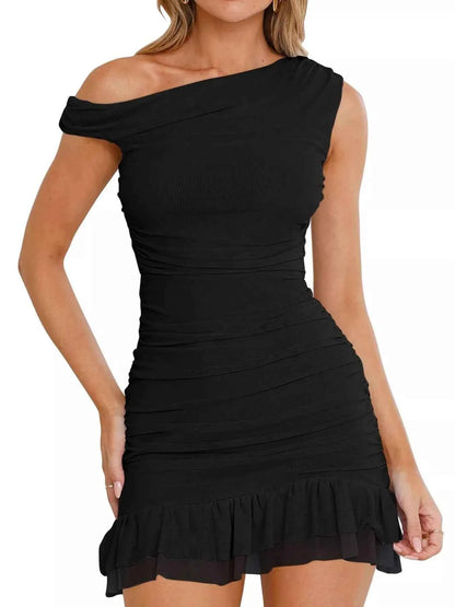 Ruffled Single Shoulder Mini Dress