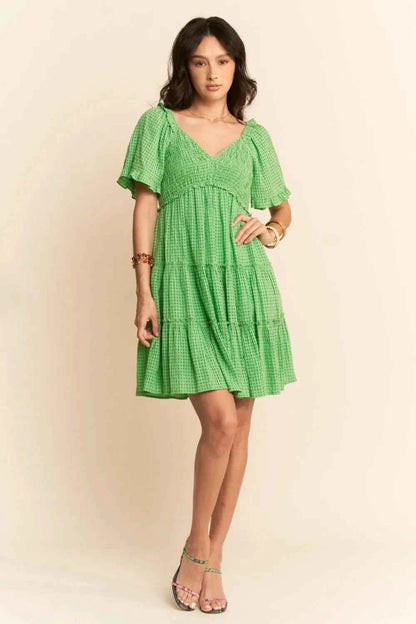 Davi & Dani Jacquard Checker Smocking Tiered Dress