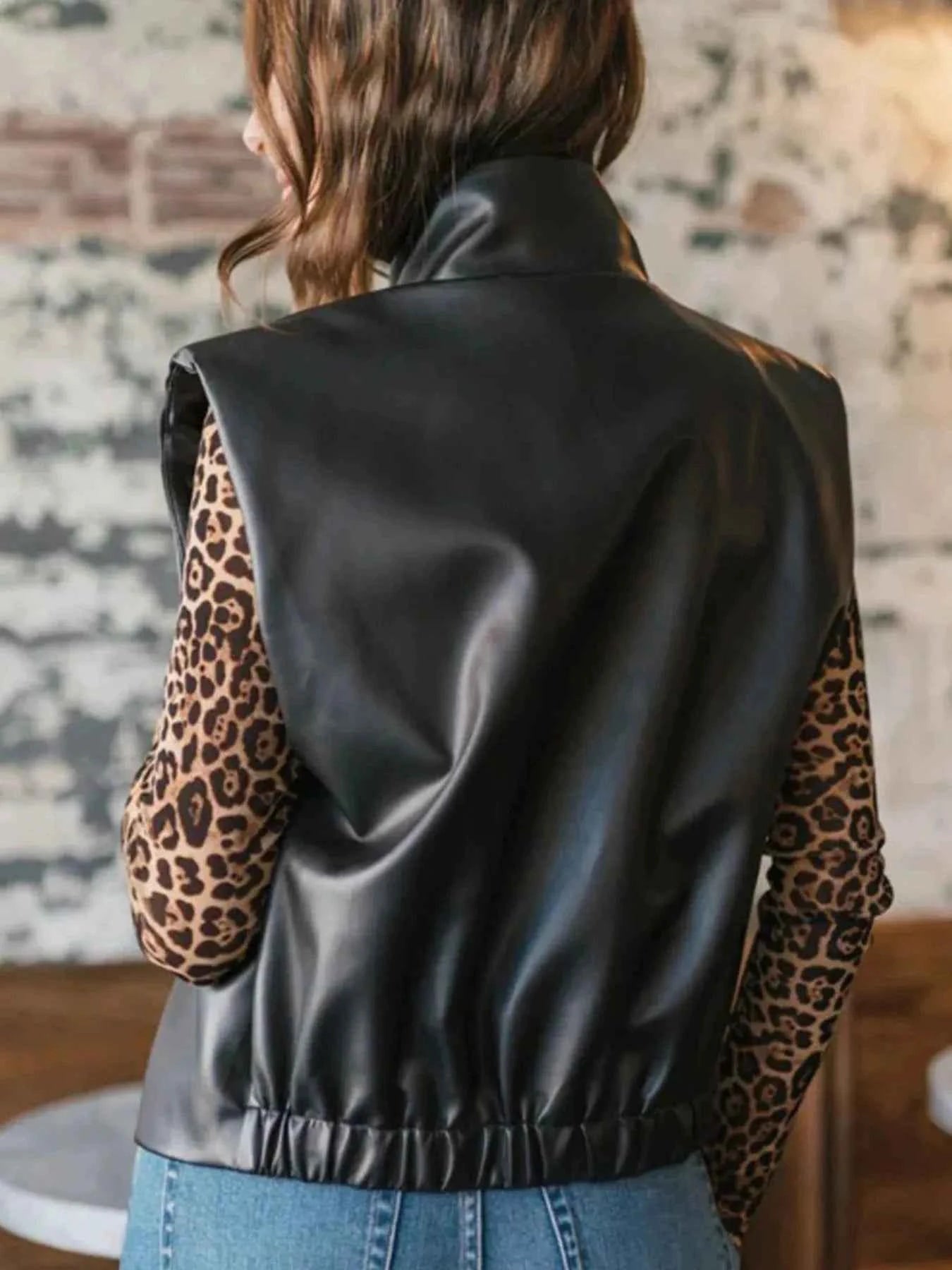 Leather Sleeveless Vest Coat with Zipper Closure