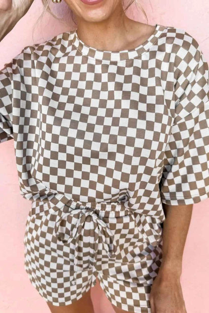 Checkered Round Neck Top and Shorts Set