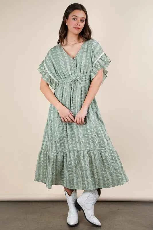 VERY J Embroidered Boho Ruffled Midi Dress