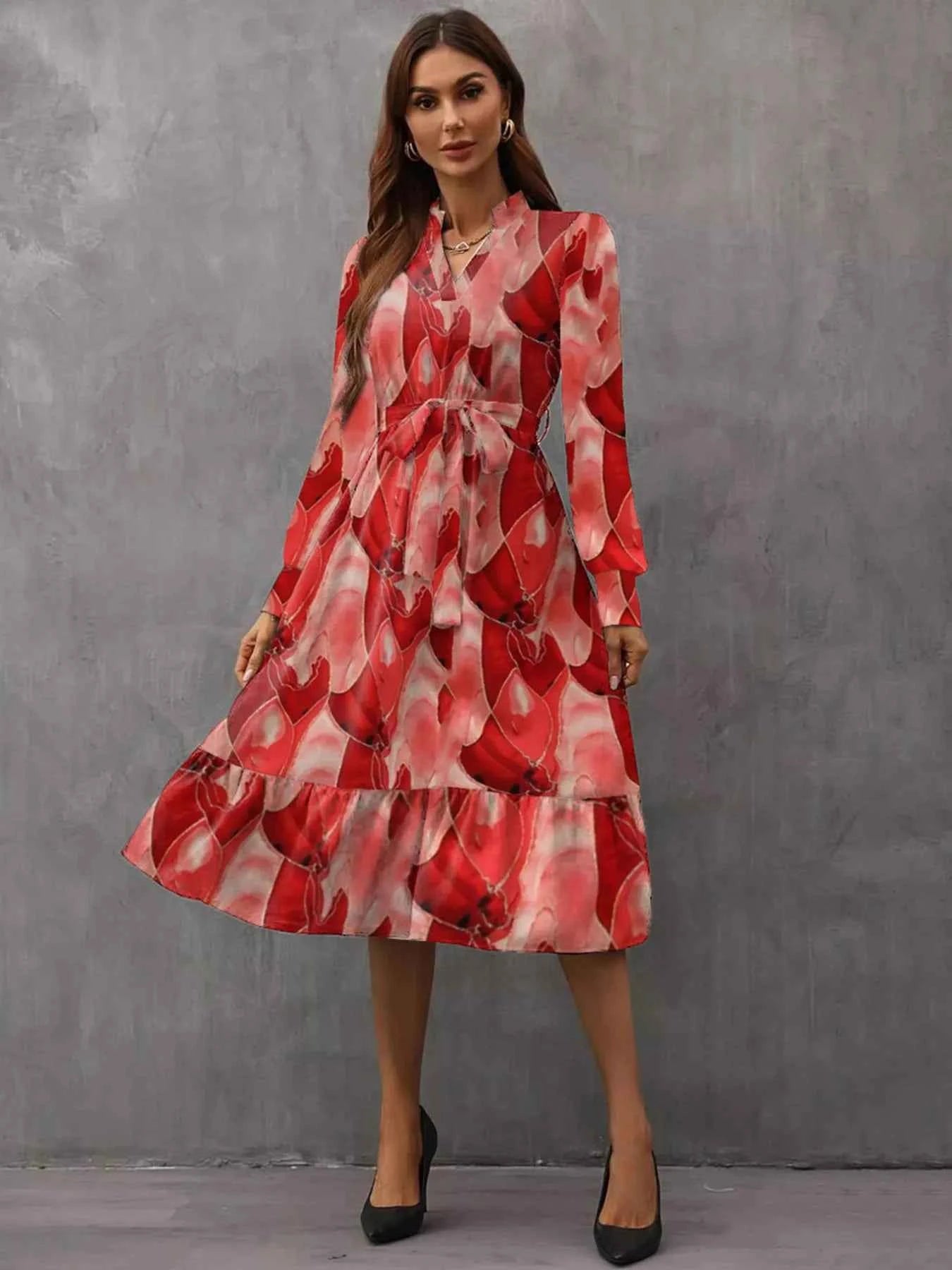 Notched Tie Waist Long Sleeve Dress