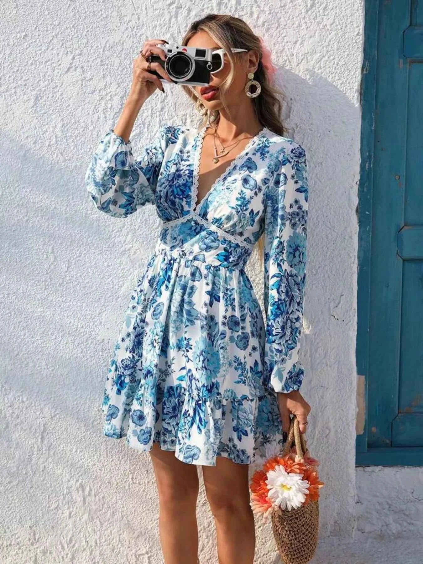 Full Size Floral Print V-Neck Long Sleeve Ruffle Hem Mini Dress Plus Size