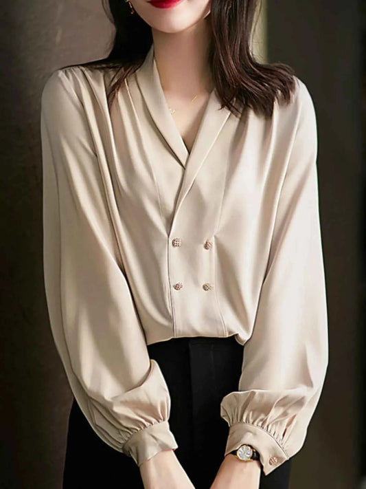 Ruched Front Decorative Button Long Sleeve Blouse