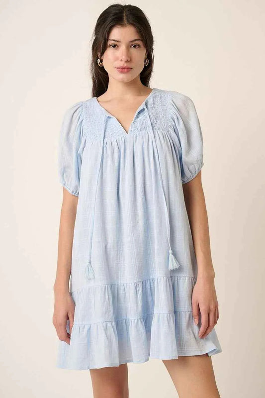 Mittoshop Tassel Tie Plaid Gauze Short Sleeve Mini Dress