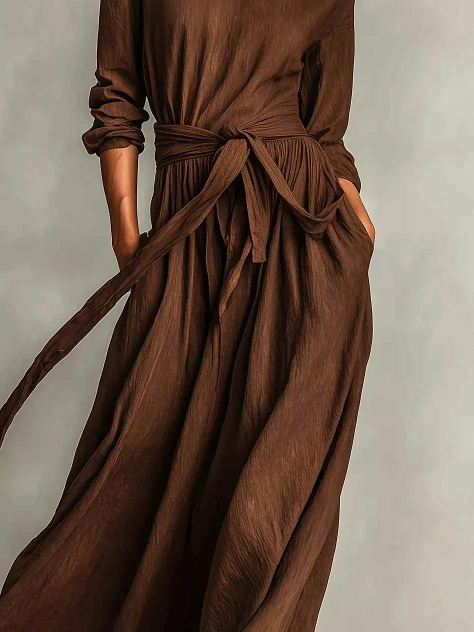 Full Size Long Sleeve Tie Waist Maxi Dress Plus Size