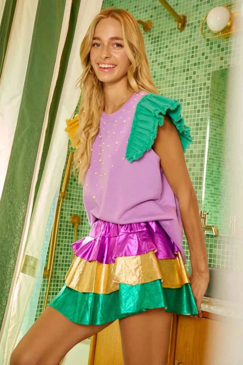 BiBi Mardigras Theme Frayed Edge Ruffled Top