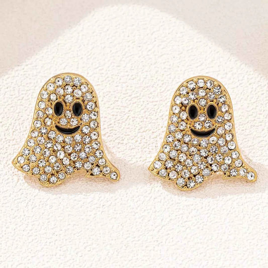 18K Gold-Plated Rhinestone Halloween Ghost Earrings