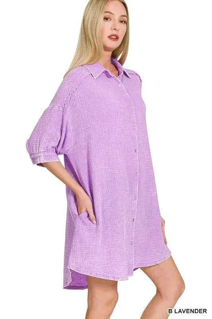 Zenana Washed Double Gauze Button Down Shirt Dress