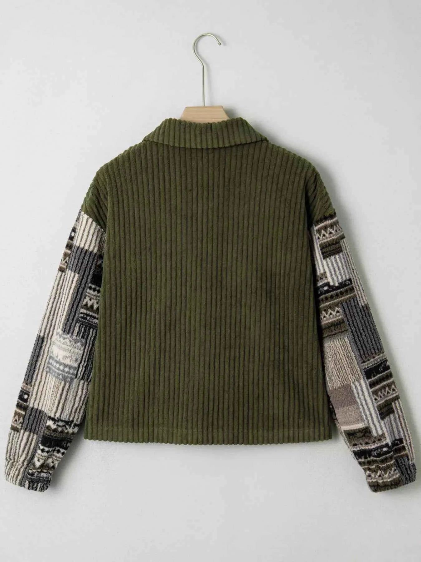 Ribbed Fleece Plaid Print Patchwork Button Up Jacket