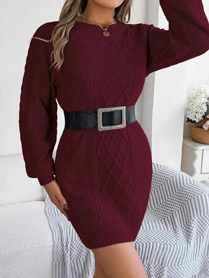 Diamond Cable Knit Sweater Dress with Long Sleeves