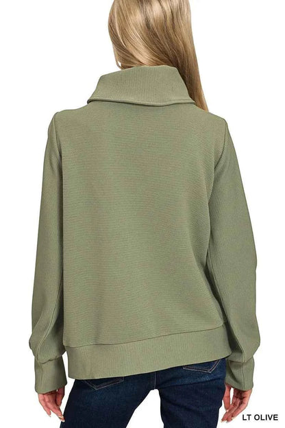 Zenana Ribbed High Neck Half Zip Pullover & Pants Set