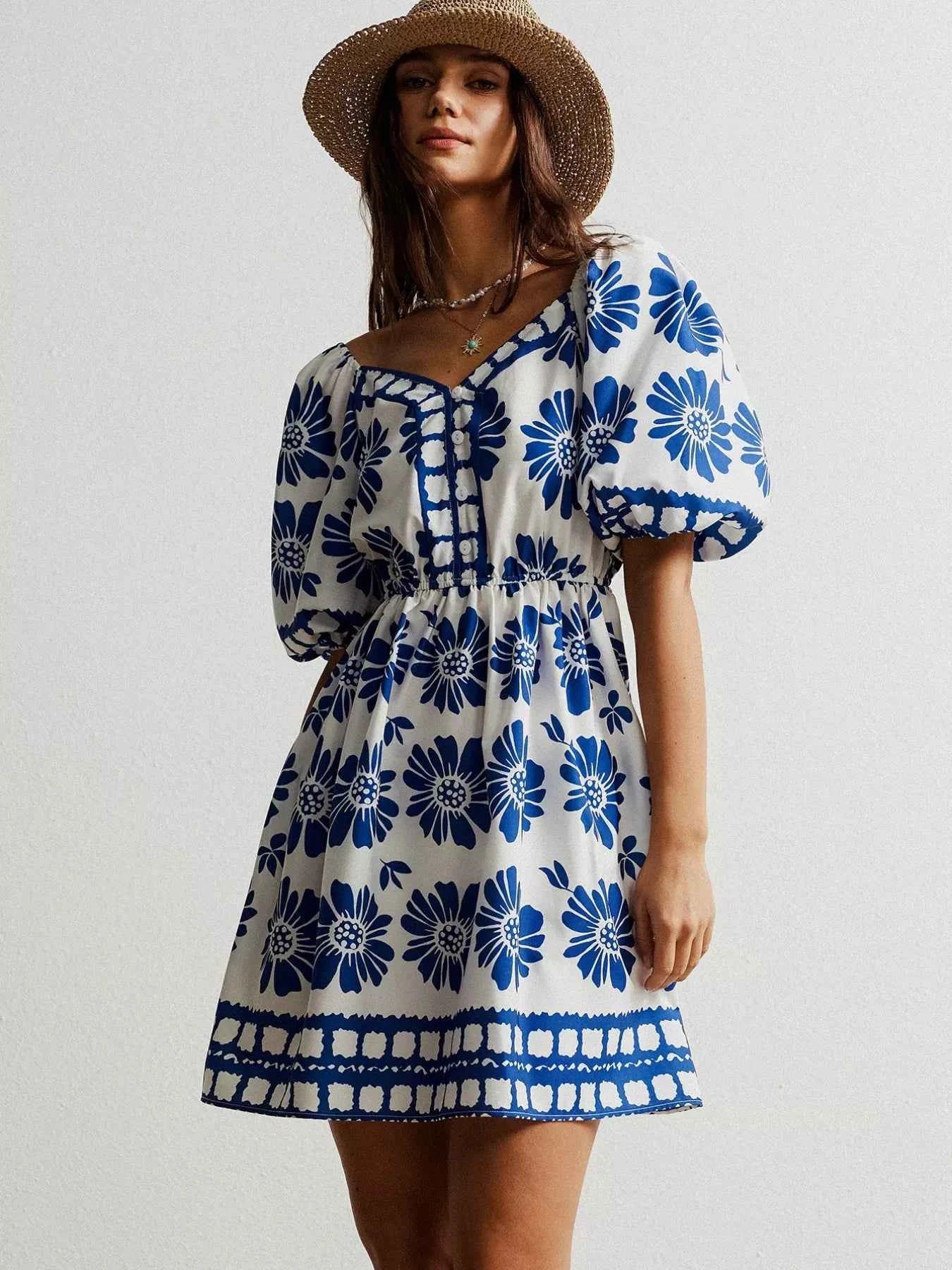 Floral Print Puff Sleeve Mini Dress
