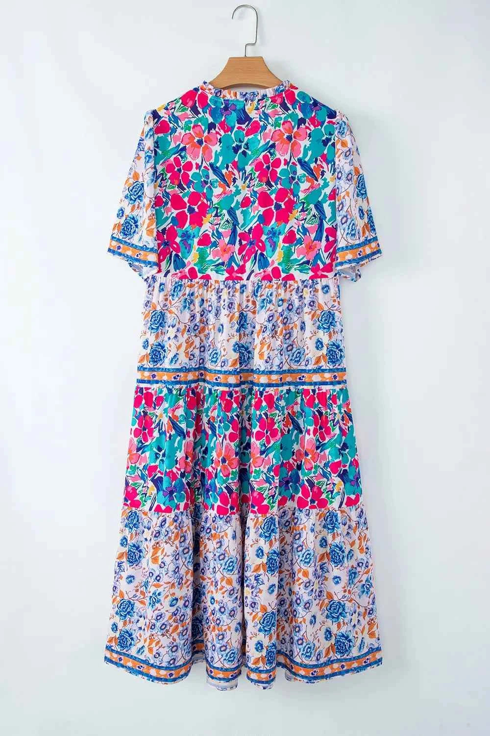 Mixed Floral Print Tie Neck Short Sleeve Dress