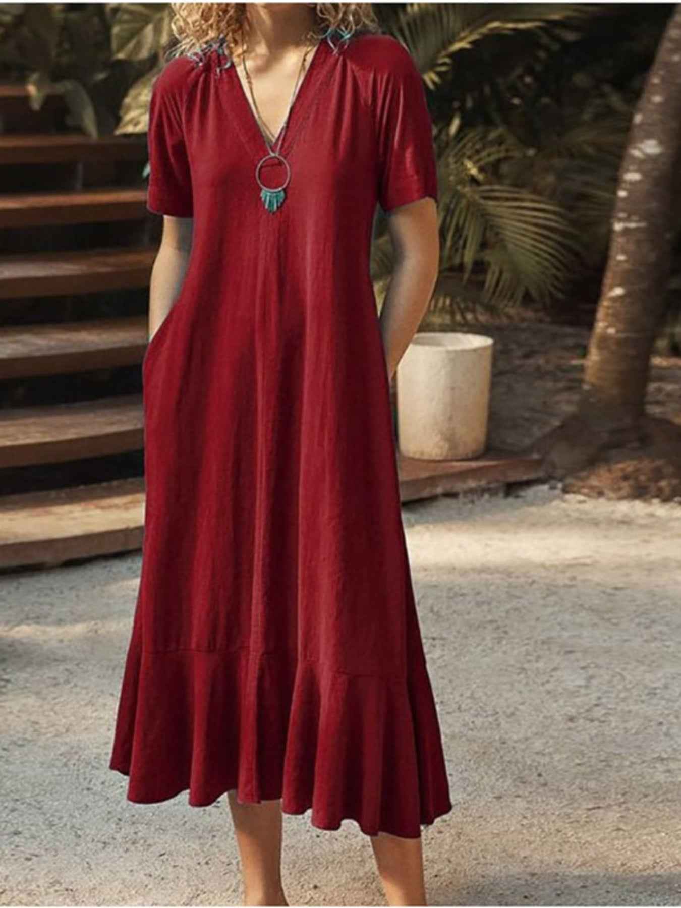 V-Neck Short Sleeve Dress with Pockets